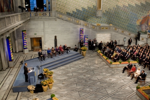 President Barack Obama delivers remarks during the Nobel Peace Prize ceremony in Raadhuset Main Hall at Oslo City Hall, Dec. 10, 2009. (Official White House Photo by Pete Souza)
